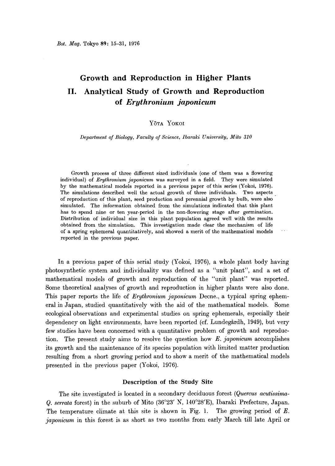 Growth and reproduction in higher plants II. Analytical study of growth and reproduction of <Emphasis Type="Italic">Erythronium japonicum <Emphasis> by Unknown