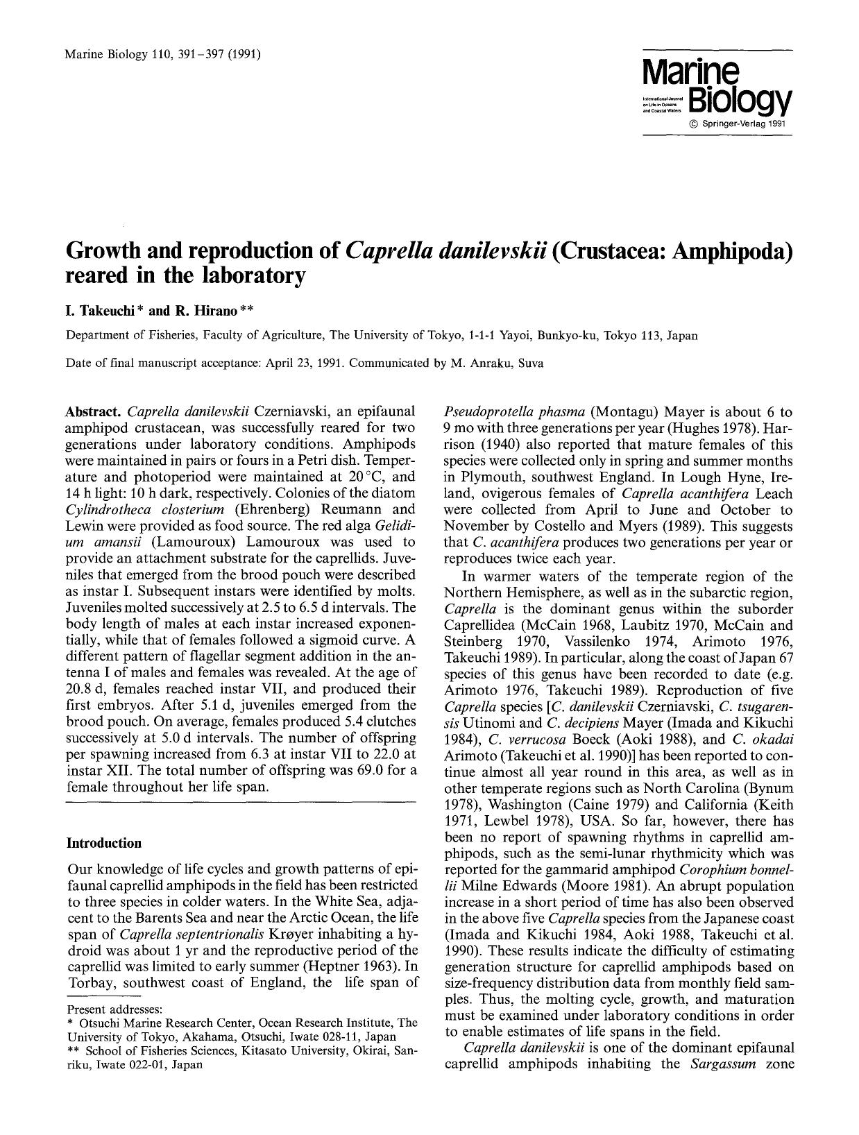 Growth and reproduction of <Emphasis Type="Italic">Caprella danilevskii <Emphasis> (Crustacea: Amphipoda) reared in the laboratory by Unknown