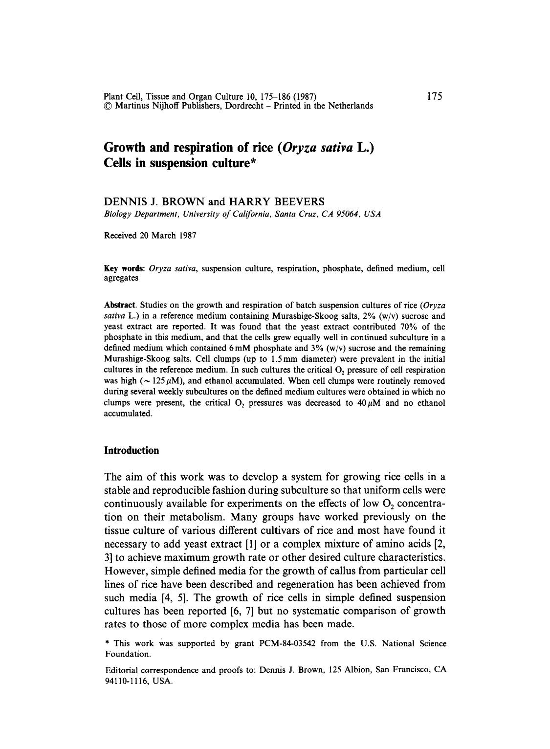 Growth and respiration of rice ( <Emphasis Type="Italic">Oryza sativa <Emphasis> L.) Cells in suspension culture by Unknown