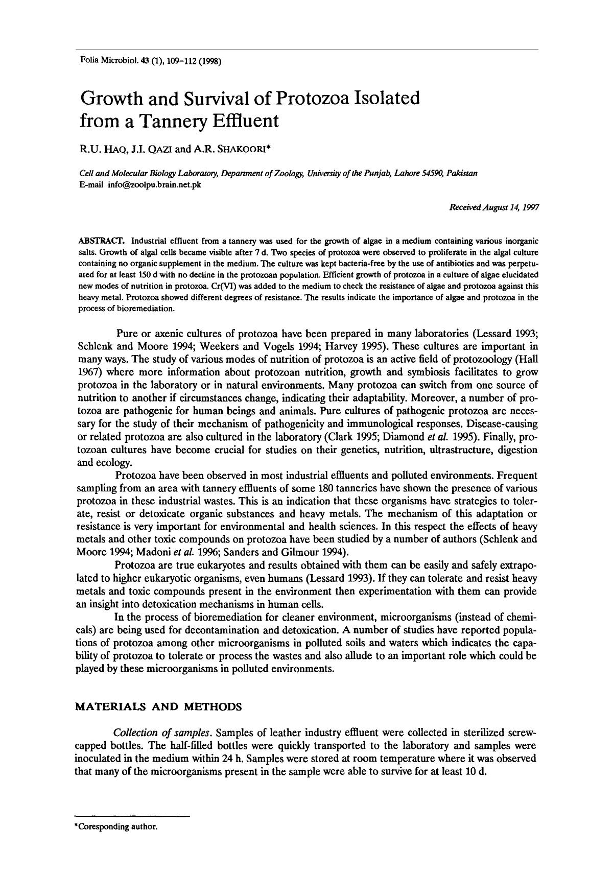 Growth and survival of protozoa isolated from a tannery effluent by Unknown