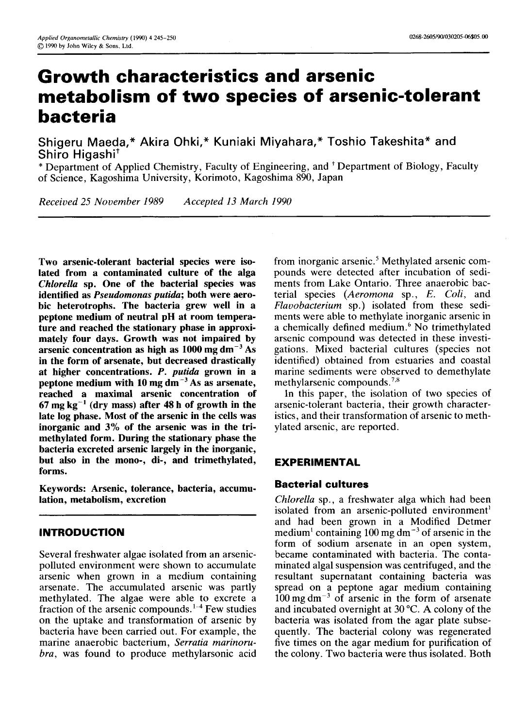 Growth characteristics and arsenic metabolism of two species of arsenic-tolerant bacteria by Unknown