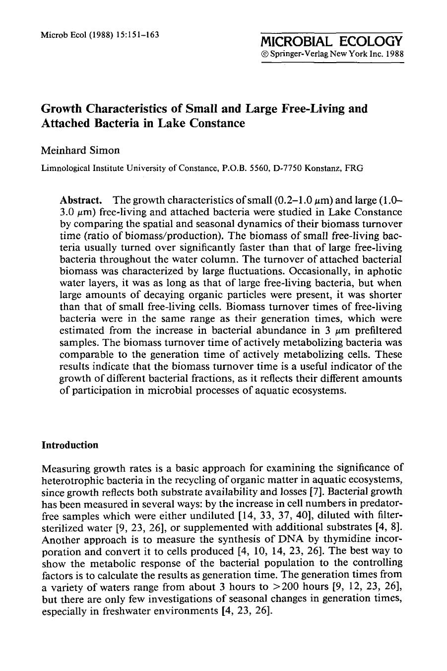 Growth characteristics of small and large free-living and attached bacteria in Lake Constance by Unknown
