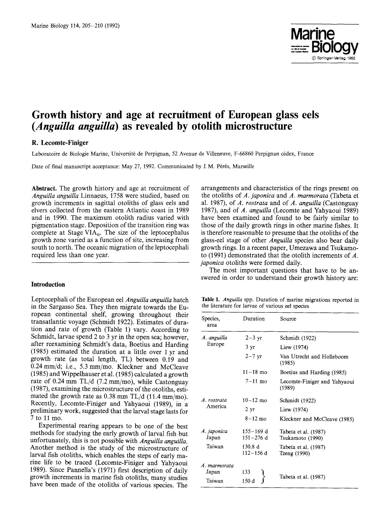 Growth history and age at recruitment of European glass eels (<Emphasis Type="Italic">Anguilla anguilla<Emphasis>) as revealed by otolith microstructure by Unknown