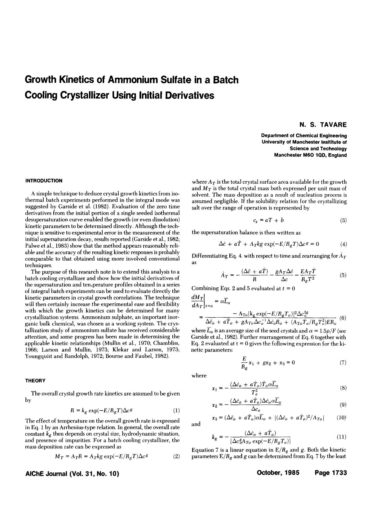 Growth kinetics of ammonium sulfate in a batch cooling crystallizer using initial derivatives by Unknown