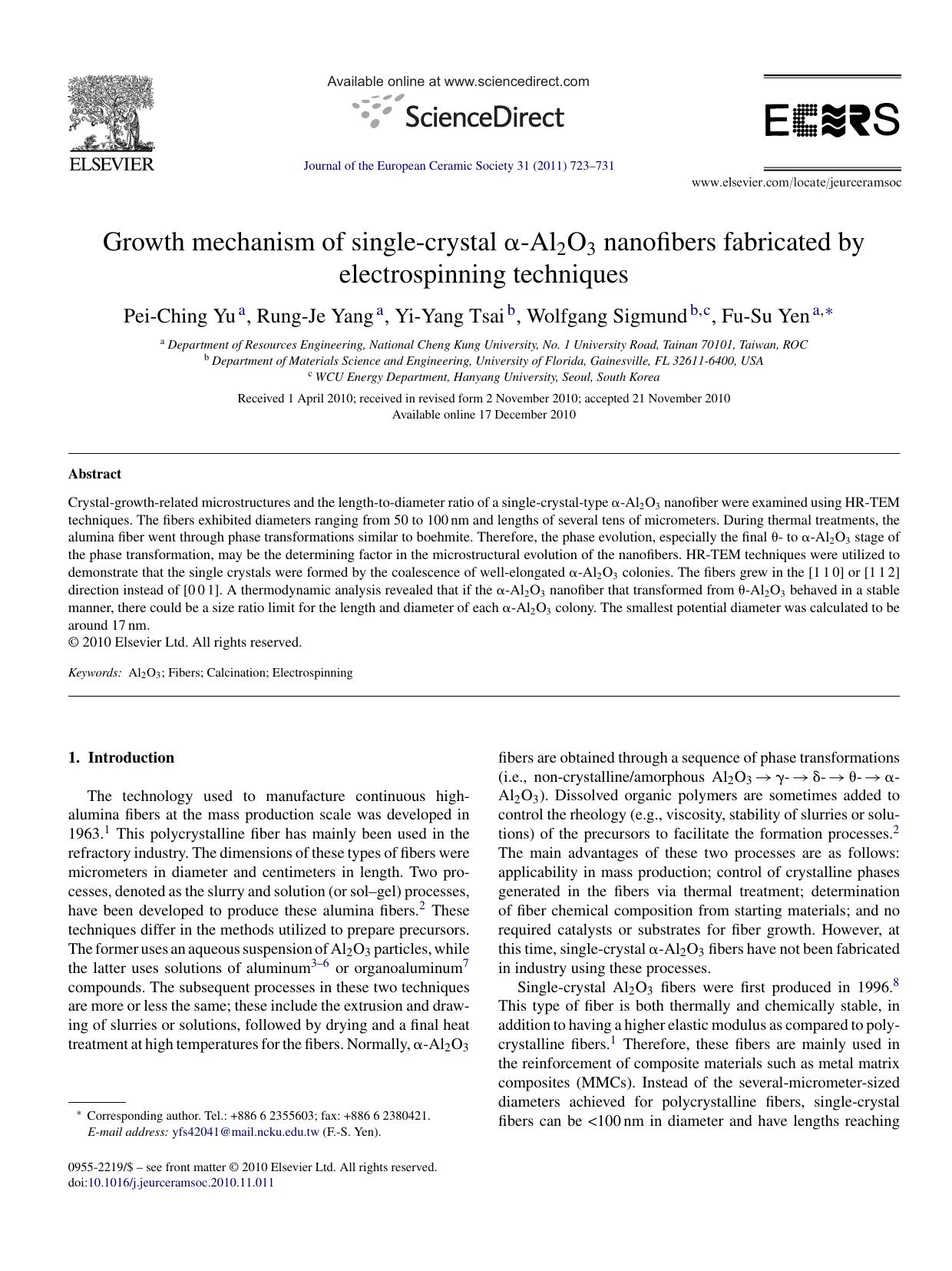 Growth mechanism of single-crystal ÃÂ±-Al2O3 nanofibers fabricated by electrospinning techniques by Pei-Ching Yu