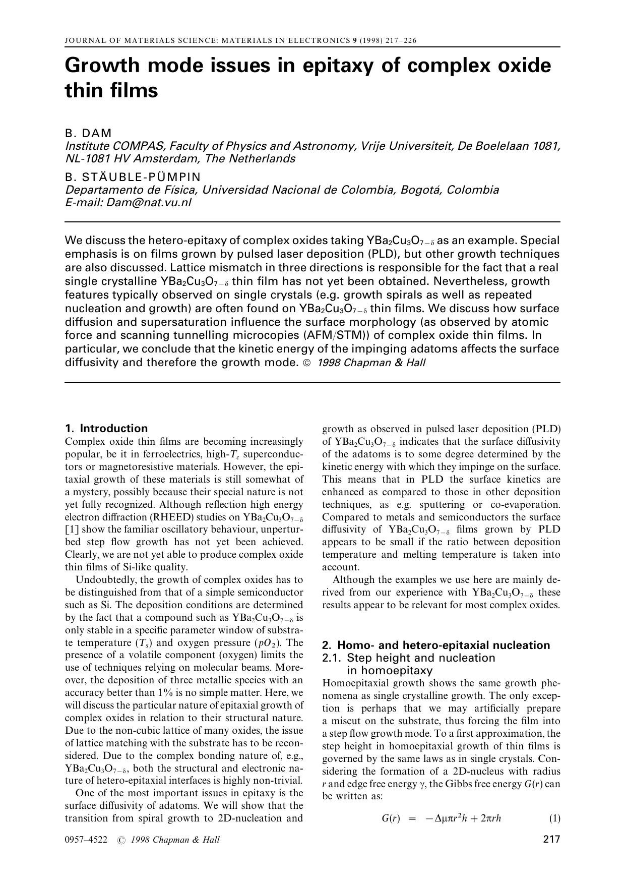 Growth mode issues in epitaxy of complex oxide thin films by Unknown