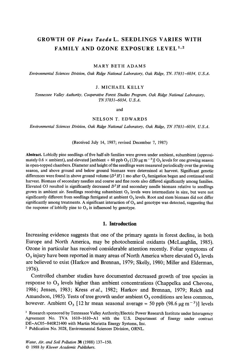 Growth of <Emphasis Type="Italic">Pinus Taeda<Emphasis> L. Seedlings varies with Family and ozone exposure level by Unknown