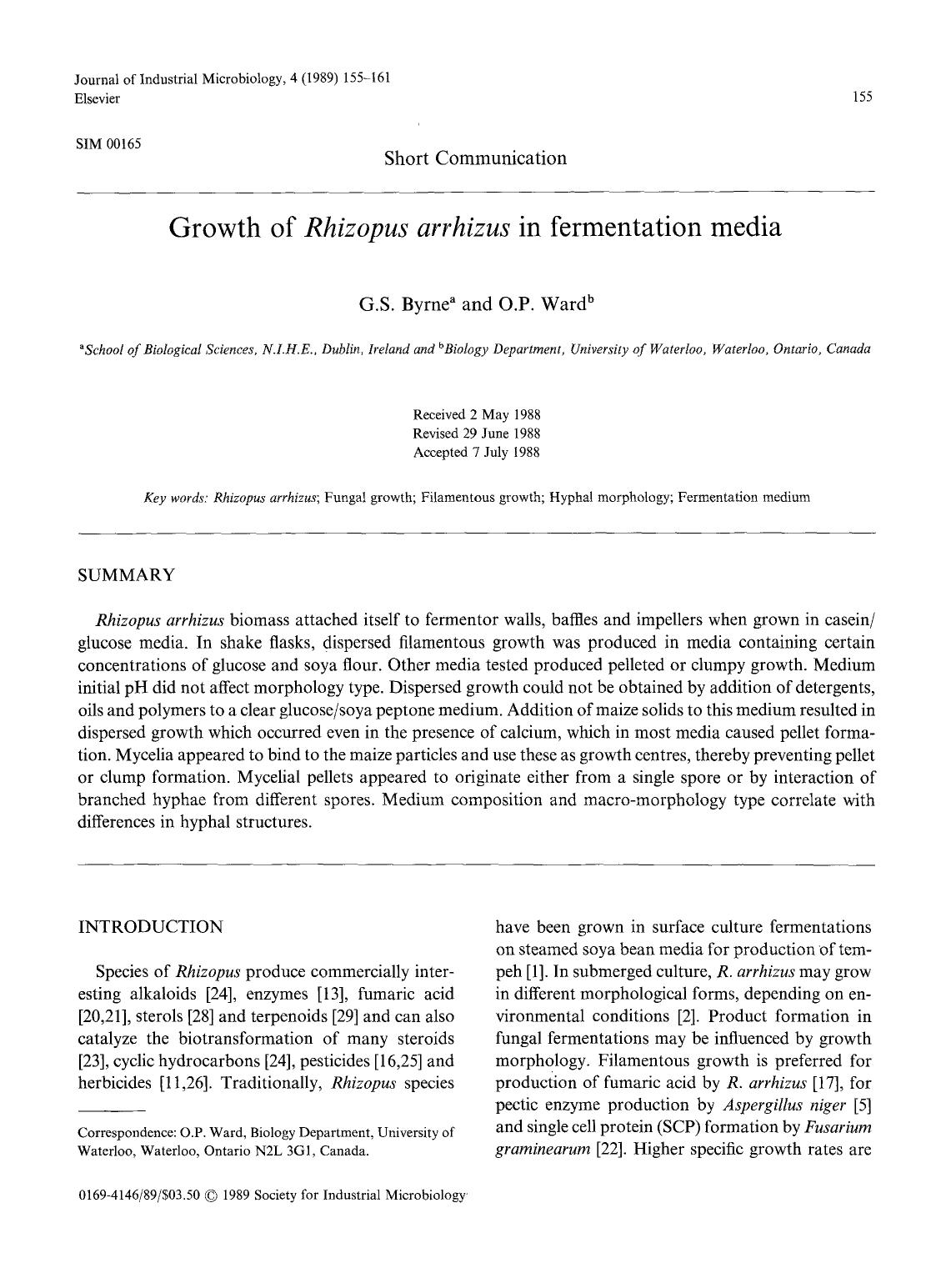 Growth of <Emphasis Type="Italic">Rhizopus arrhizus <Emphasis> in fermentation media by Unknown