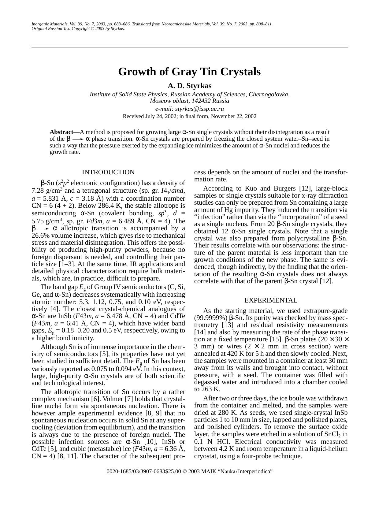 Growth of Gray Tin Crystals by Unknown