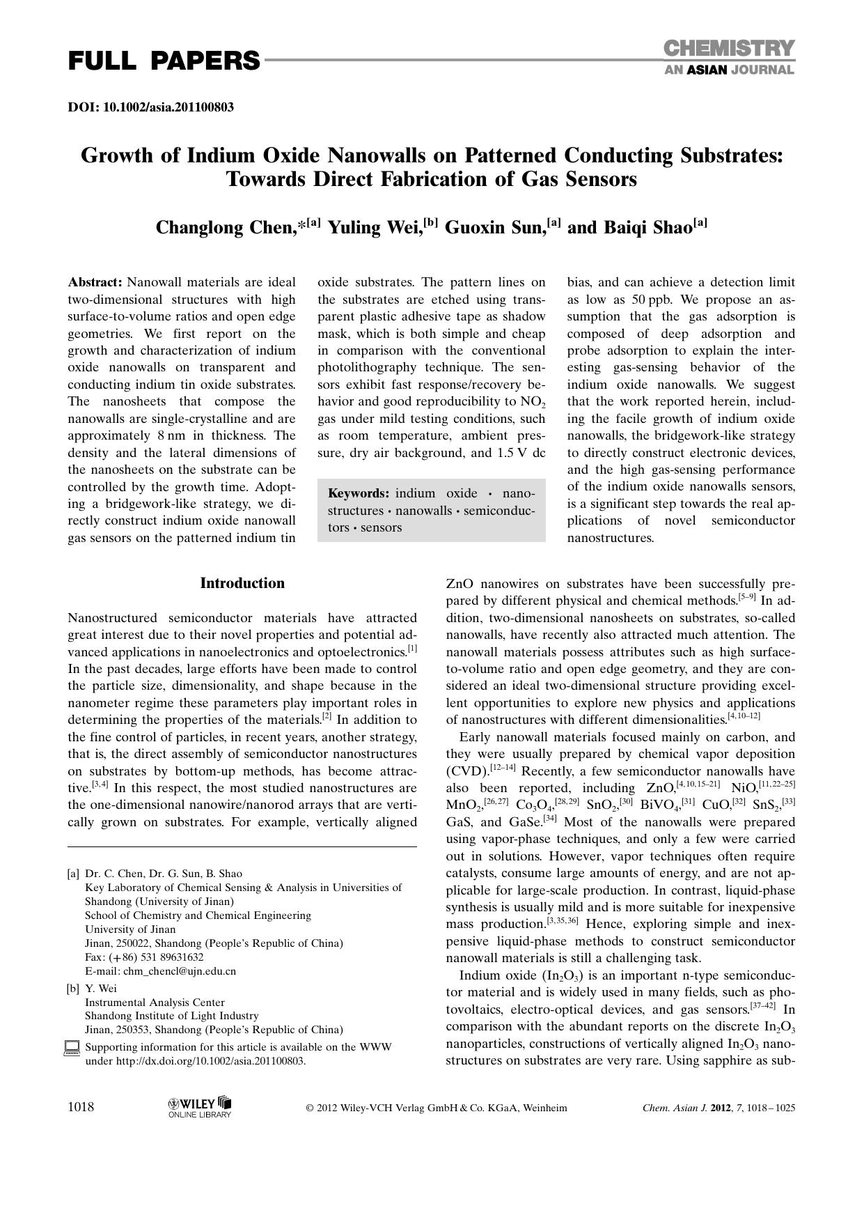 Growth of Indium Oxide Nanowalls on Patterned Conducting Substrates: Towards Direct Fabrication of Gas Sensors by Unknown