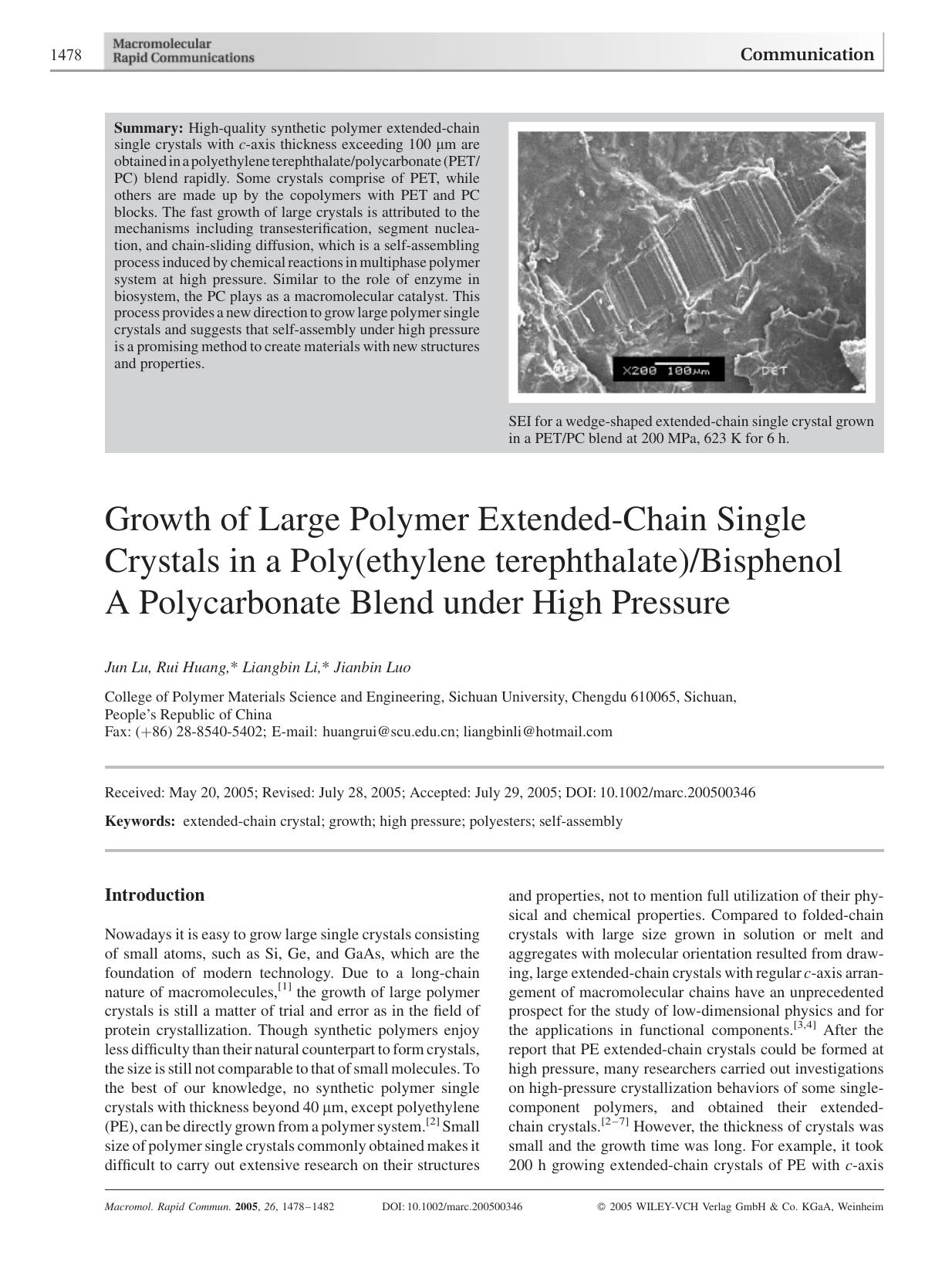 Growth of Large Polymer Extended-Chain Single Crystals in a Poly(ethylene terephthalate)Bisphenol A Polycarbonate Blend under High Pressure by Unknown