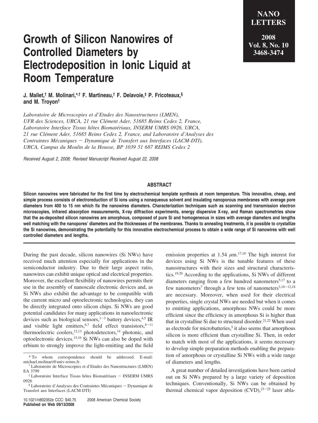 Growth of Silicon Nanowires of Controlled Diameters by Electrodeposition in Ionic Liquid at Room Temperature by Unknown