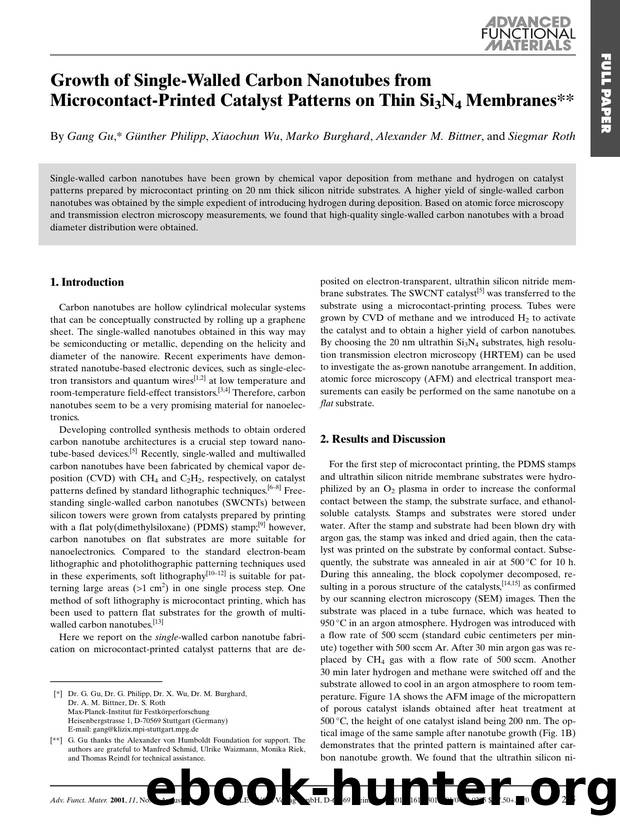 Growth of Single-Walled Carbon Nanotubes from Microcontact-Printed Catalyst Patterns on Thin Si3N4 Membranes by K & W