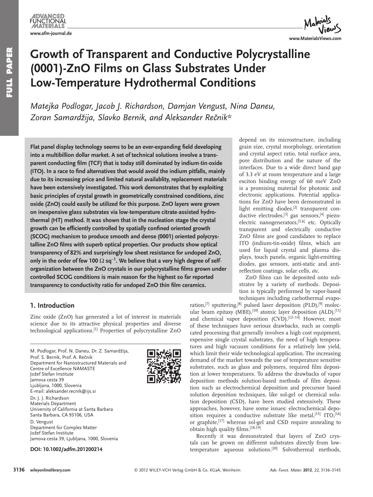 Growth of Transparent and Conductive Polycrystalline (0001)ZnO Films on Glass Substrates Under LowTemperature Hydrothermal Conditions by vng