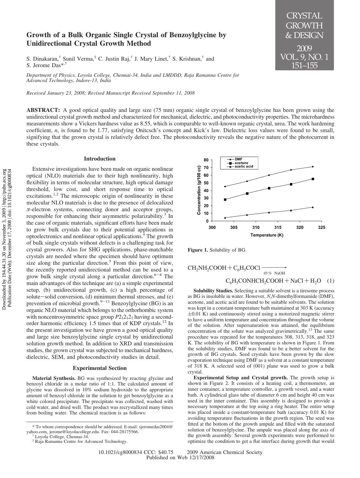 Growth of a Bulk Organic Single Crystal of Benzoylglycine by Unidirectional Crystal Growth Method by unknow