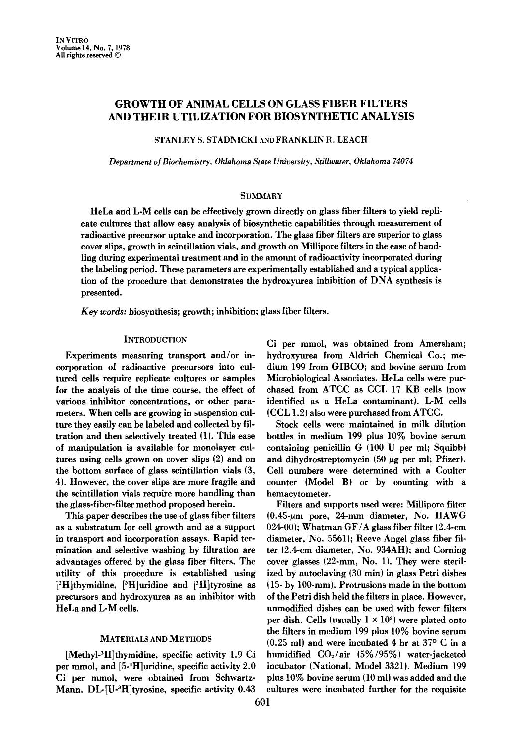 Growth of animal cells on glass fiber filters and their utilization for biosynthetic analysis by Unknown