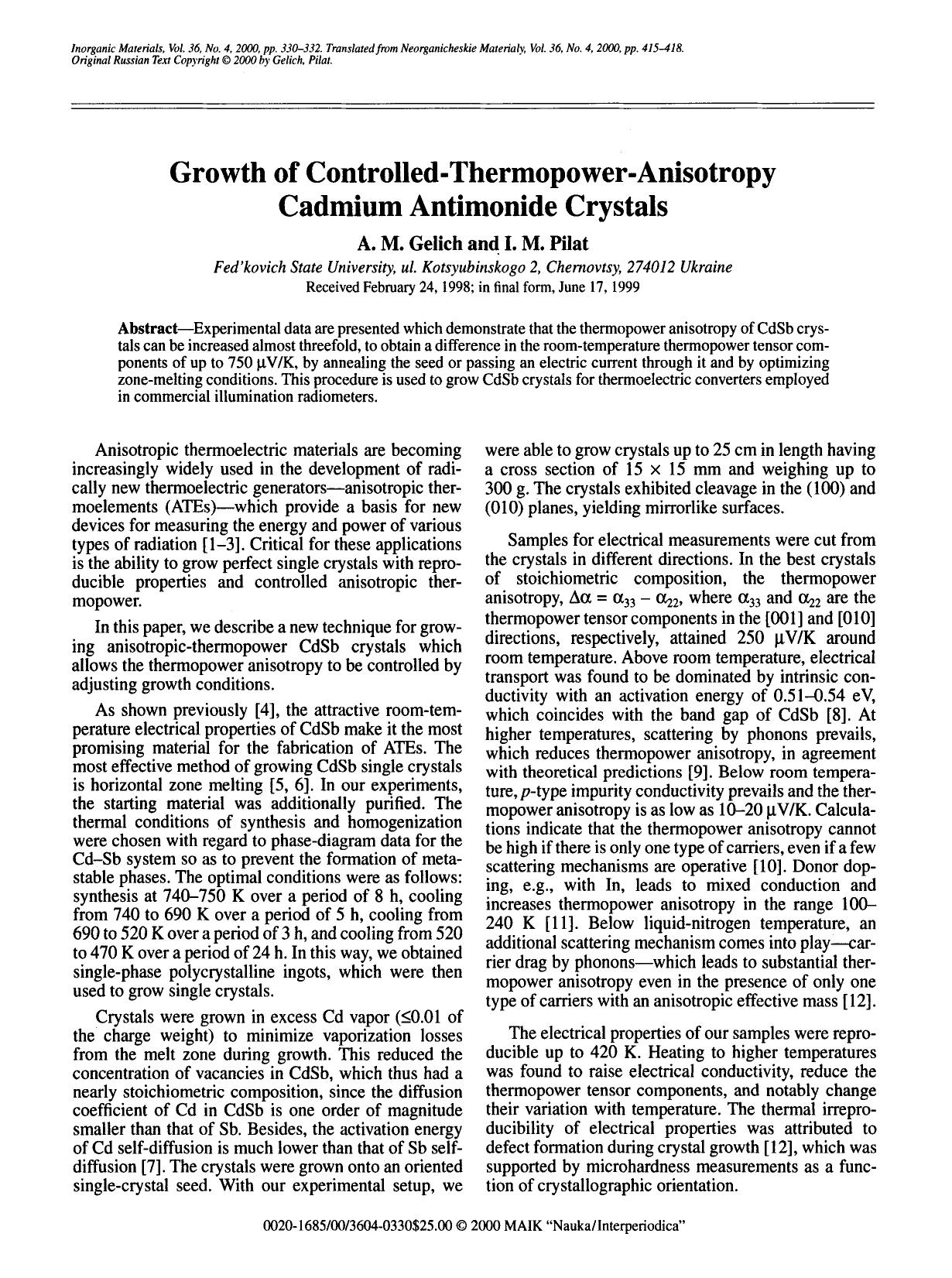 Growth of controlled- thermopower- anisotropy cadmium antimonide crystals by Unknown