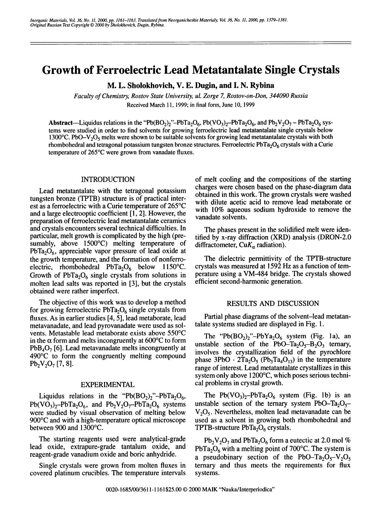 Growth of ferroelectric lead metatantalate single crystals by Unknown