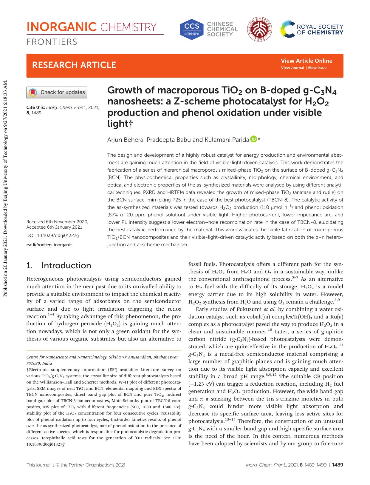 Growth of macroporous TiO2 on B-doped g-C3N4 nanosheets: a Z-scheme photocatalyst for H2O2 production and phenol oxidation under visible light by Arjun Behera Pradeepta Babu Kulamani Parida