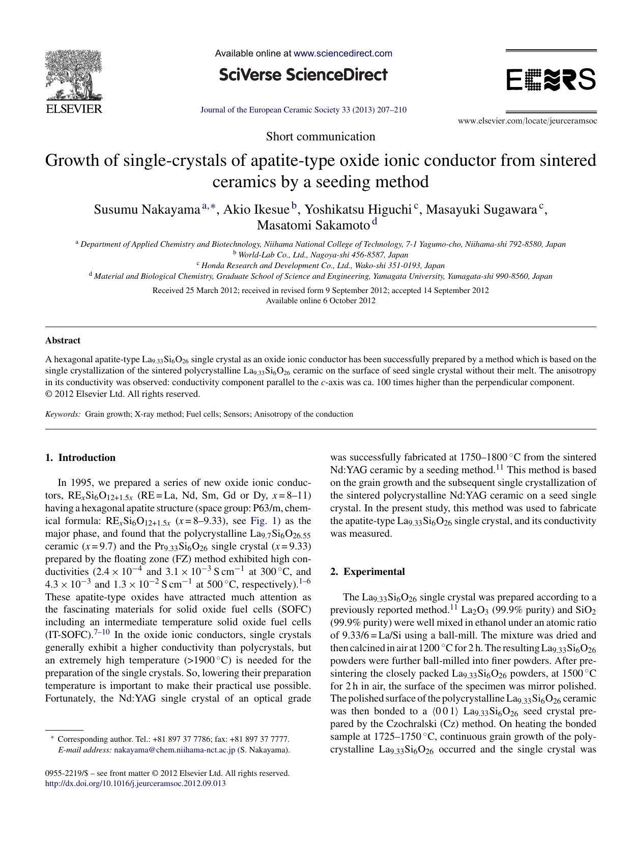 Growth of single-crystals of apatite-type oxide ionic conductor from sintered ceramics by a seeding method by Susumu Nakayama