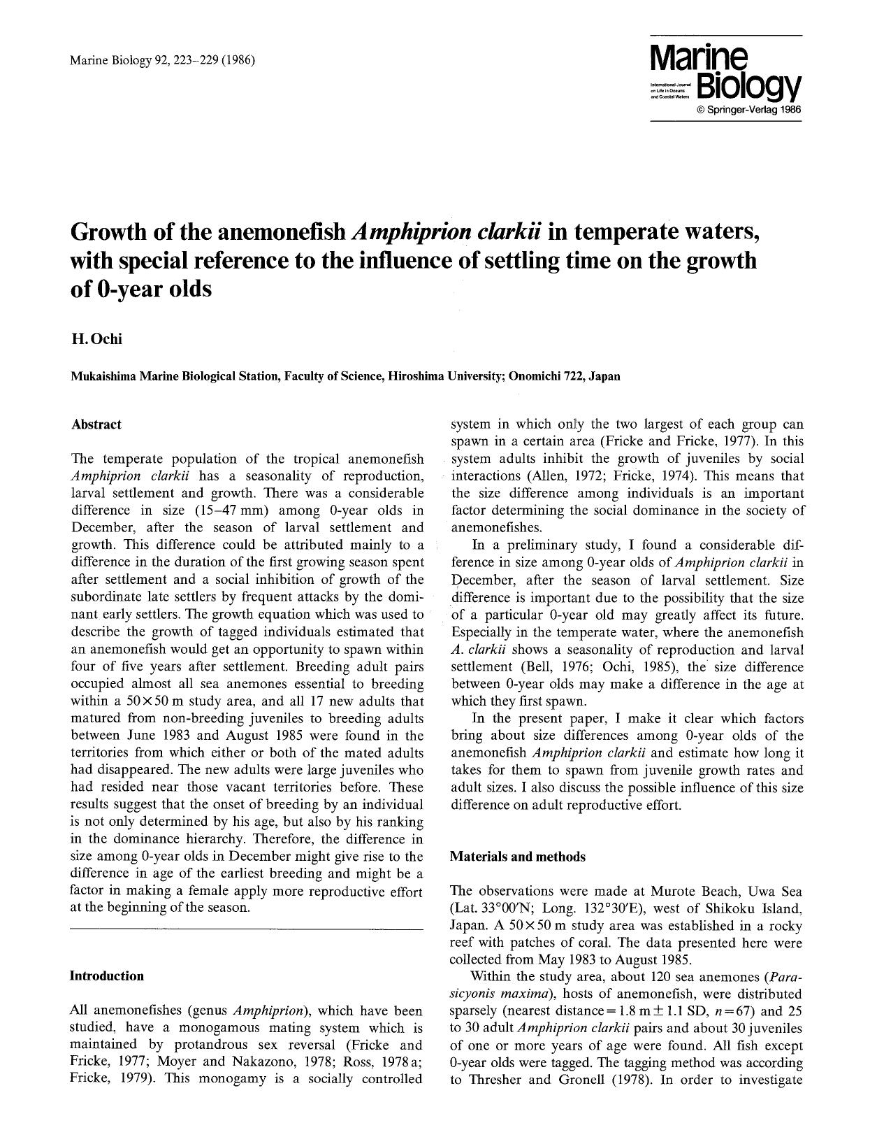 Growth of the anemonefish <Emphasis Type="Italic">Amphiprion clarkii<Emphasis> in temperate waters, with special reference to the influence of settling time on the growth of 0-year olds by Unknown
