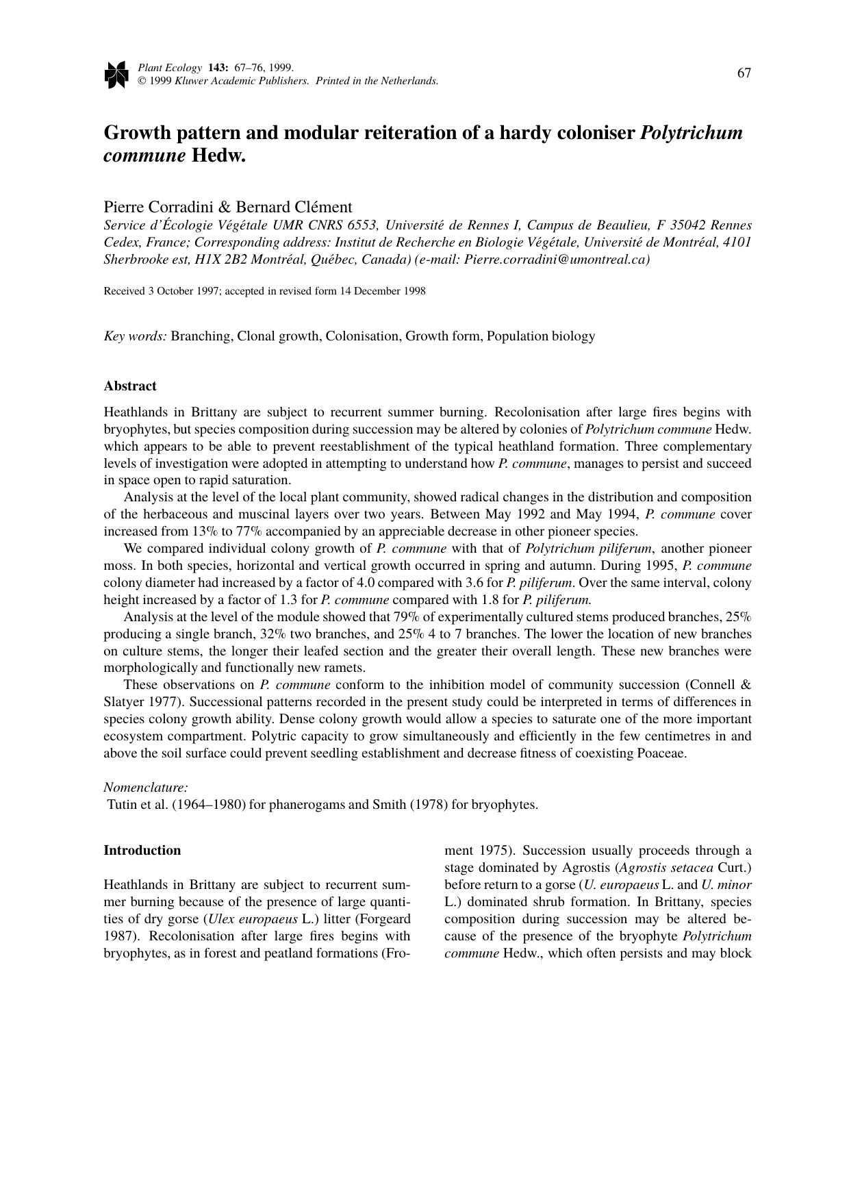 Growth pattern and modular reiteration of a hardy coloniser Polytrichum commune Hedw. by Unknown