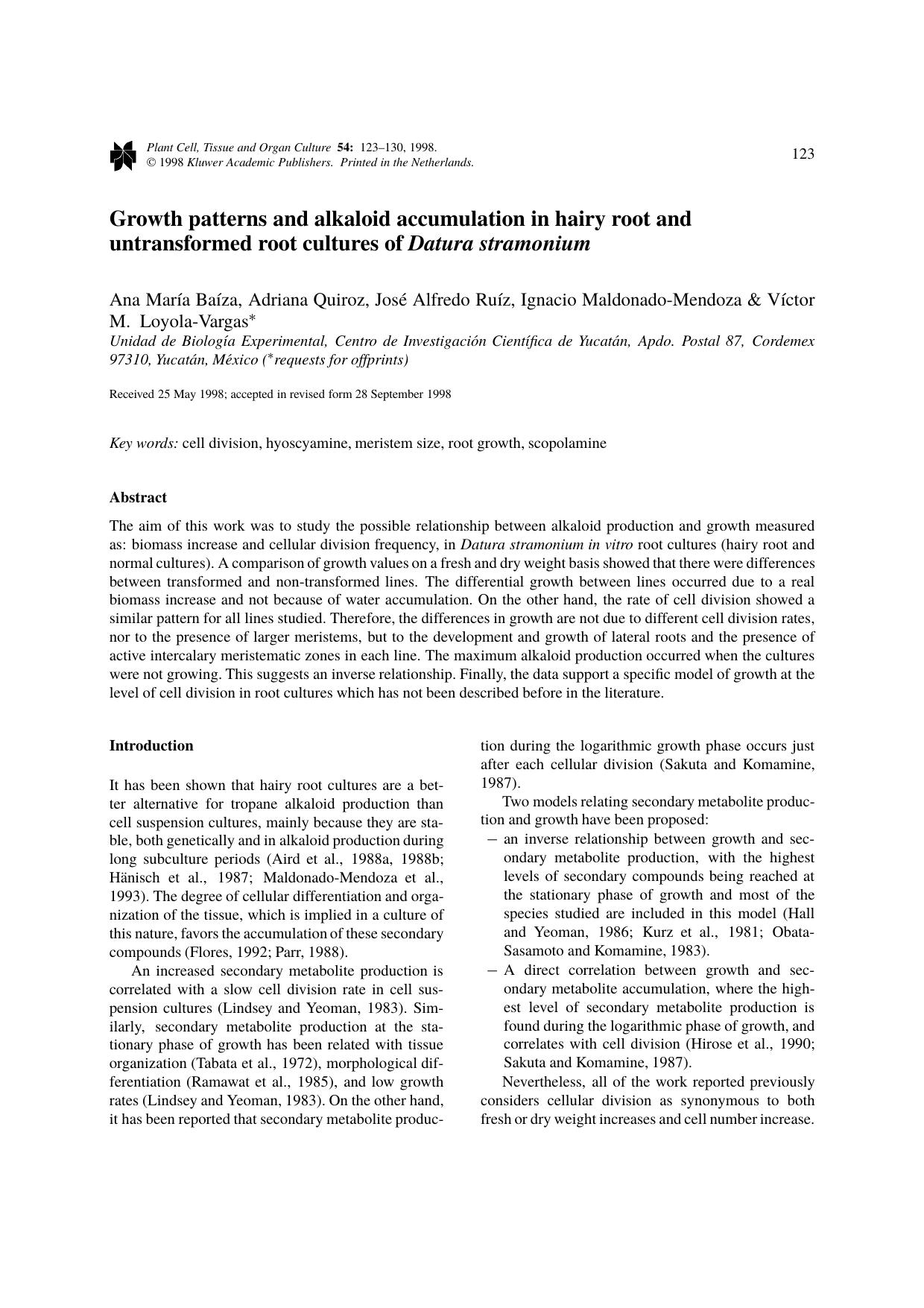 Growth patterns and alkaloid accumulation in hairy root and untransformed root cultures of Datura stramonium by Unknown