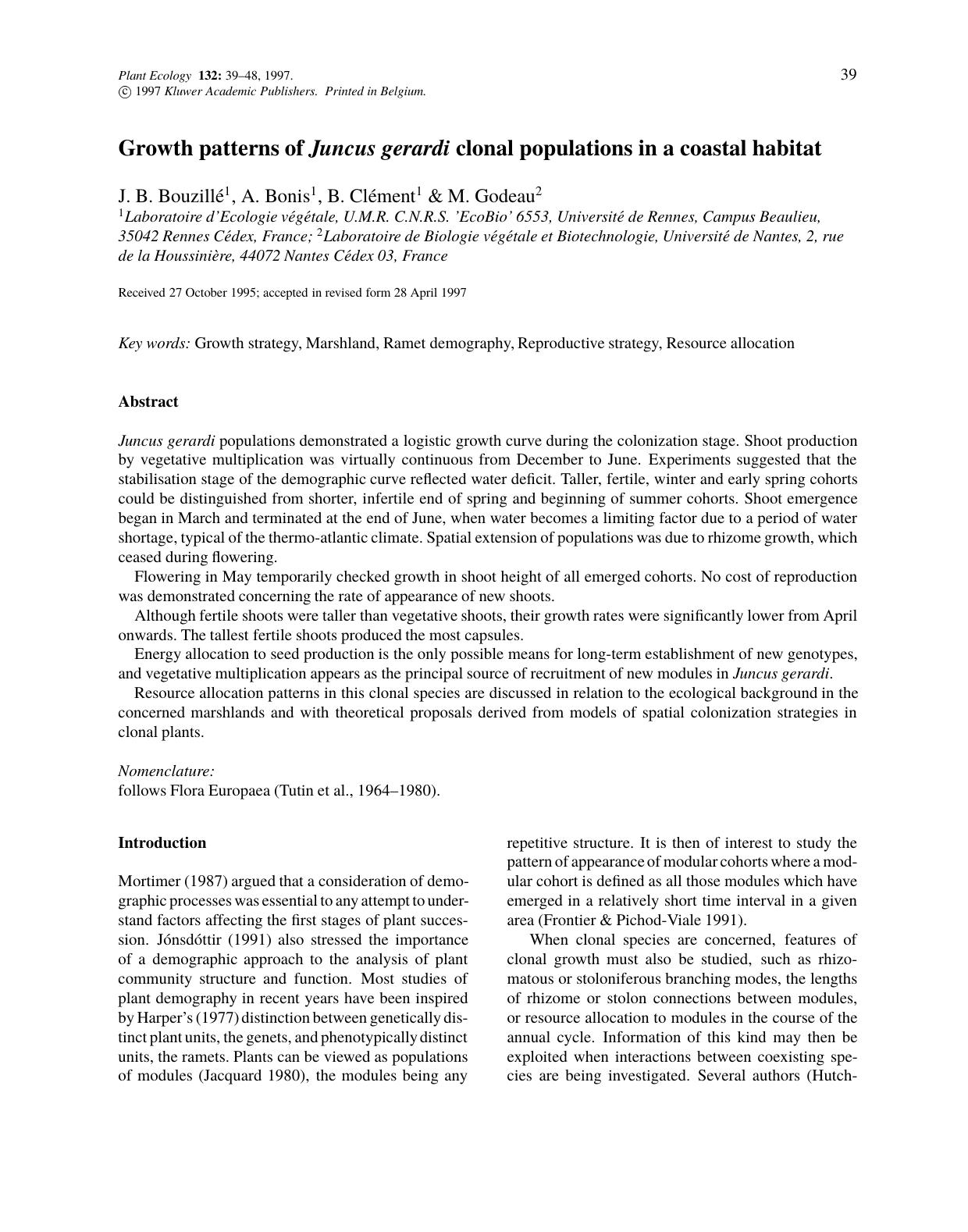 Growth patterns of Juncus gerardi clonal populations in a coastal habitat by Unknown