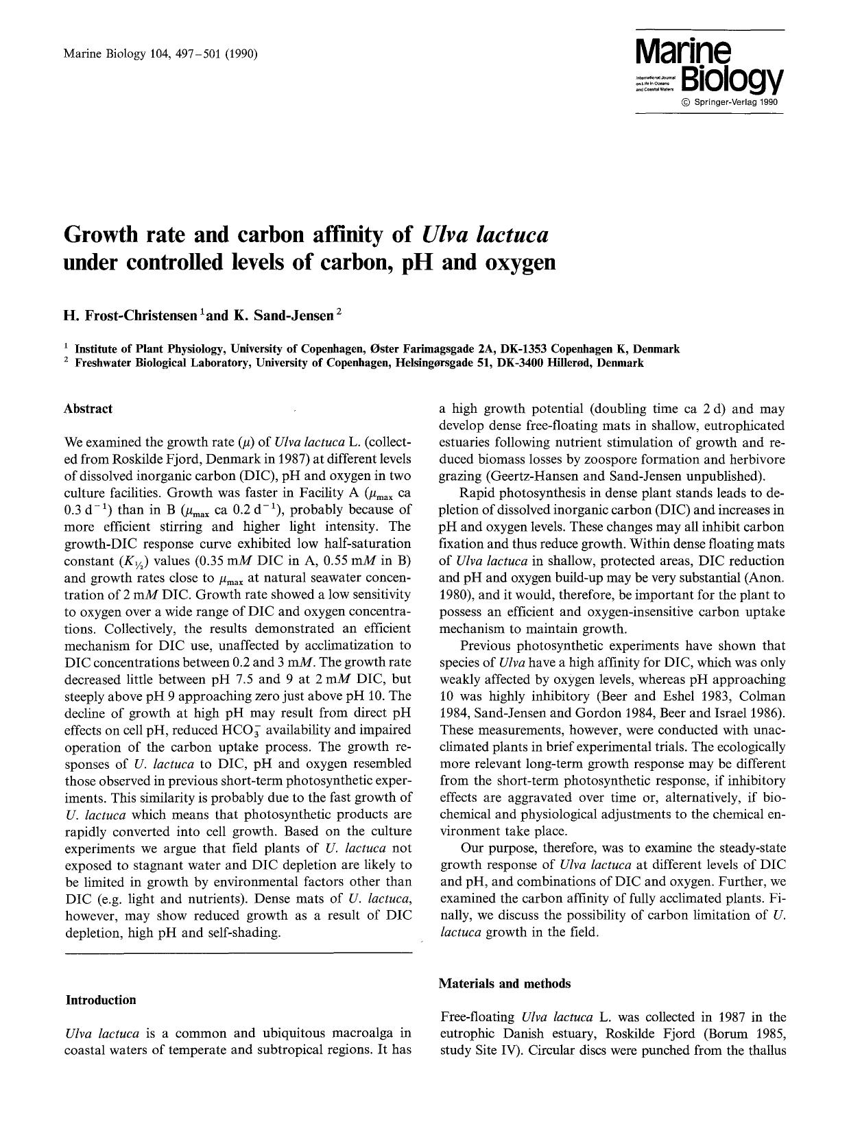 Growth rate and carbon affinity of <Emphasis Type="Italic">Ulva lactuca <Emphasis> under controlled levels of carbon, pH and oxygen by Unknown