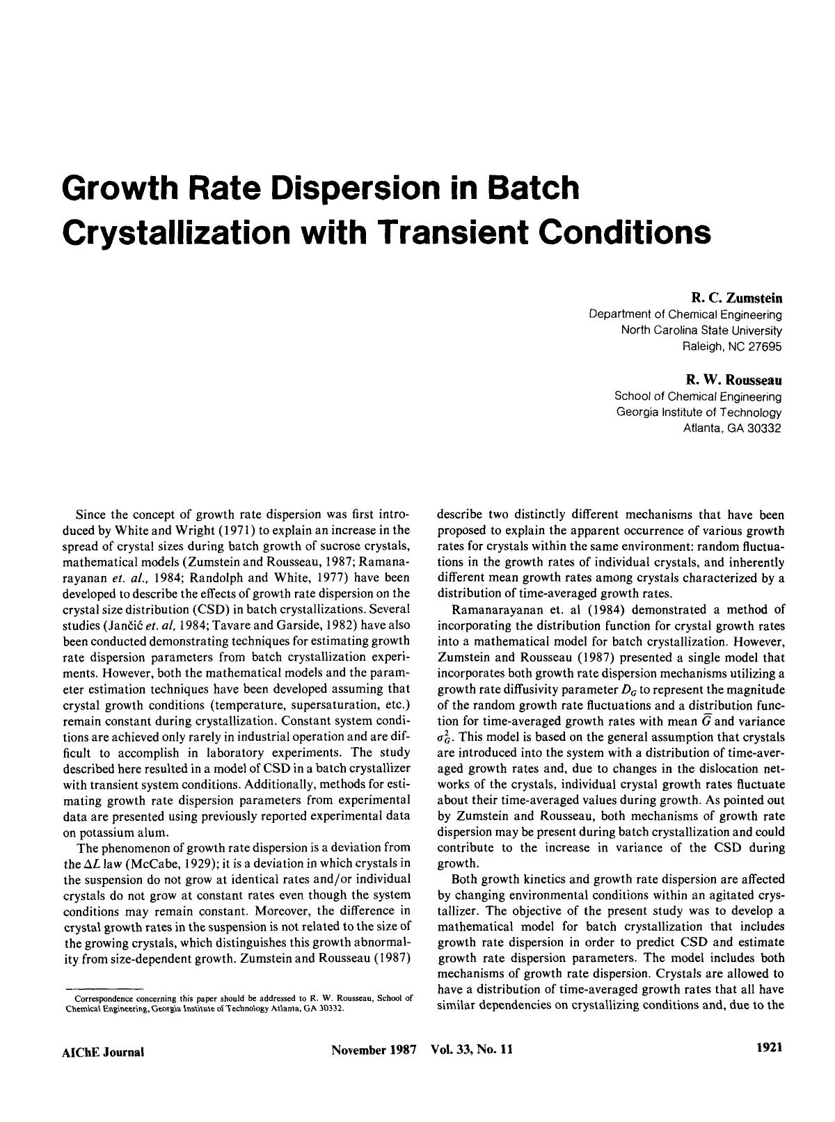 Growth rate dispersion in batch crystallization with transient conditions by Unknown