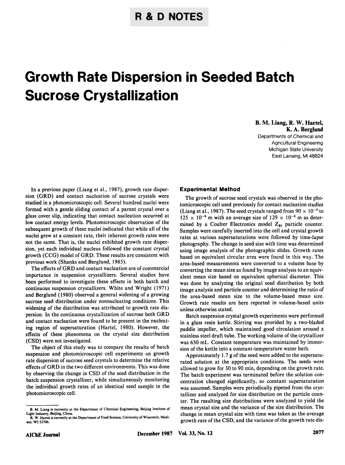 Growth rate dispersion in seeded batch sucrose crystallization by Unknown