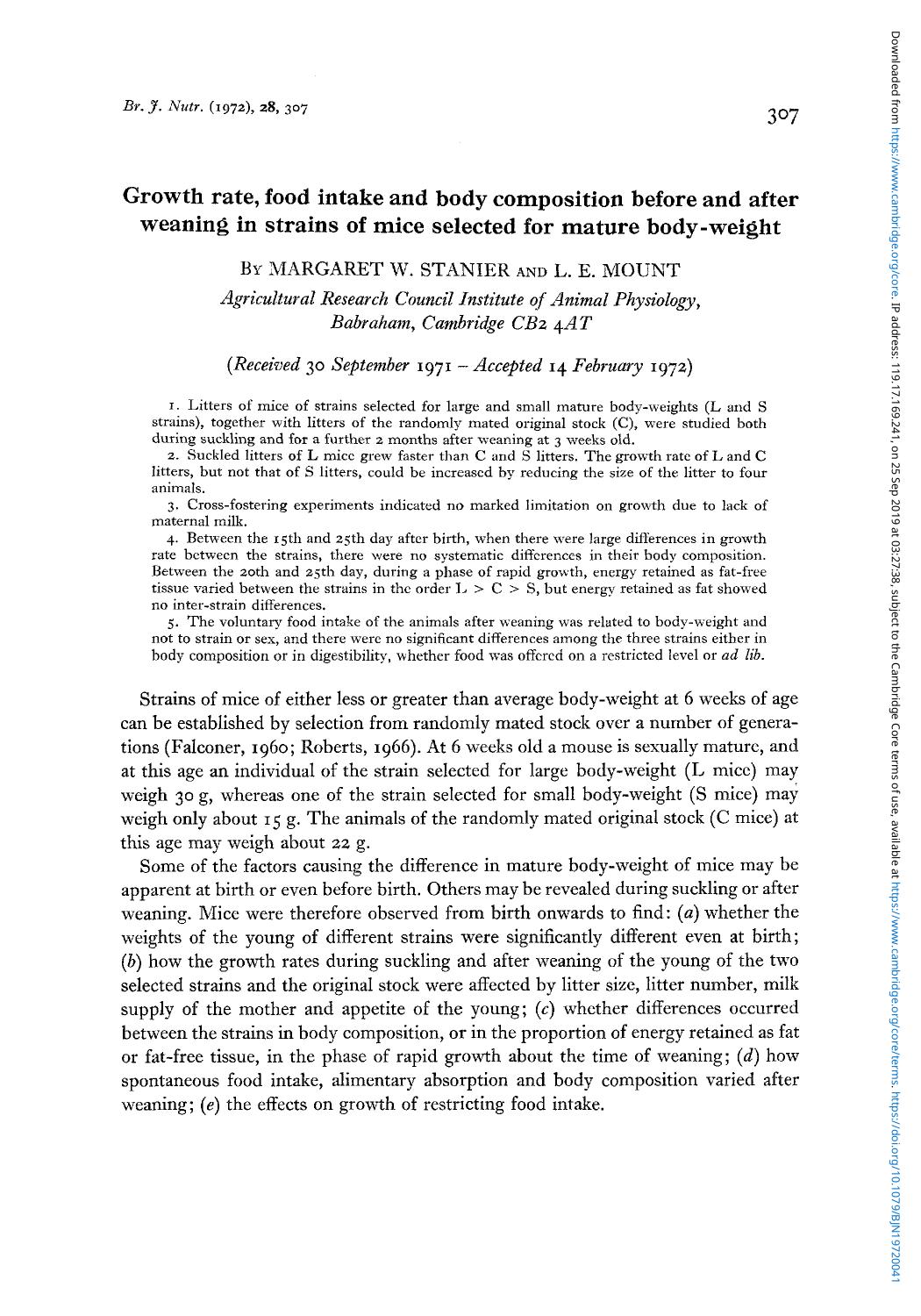 Growth rate, food intake and body composition before and after weaning in strains of mice selected for mature body-weight by Margaret W. Stanier & L. E. Mount