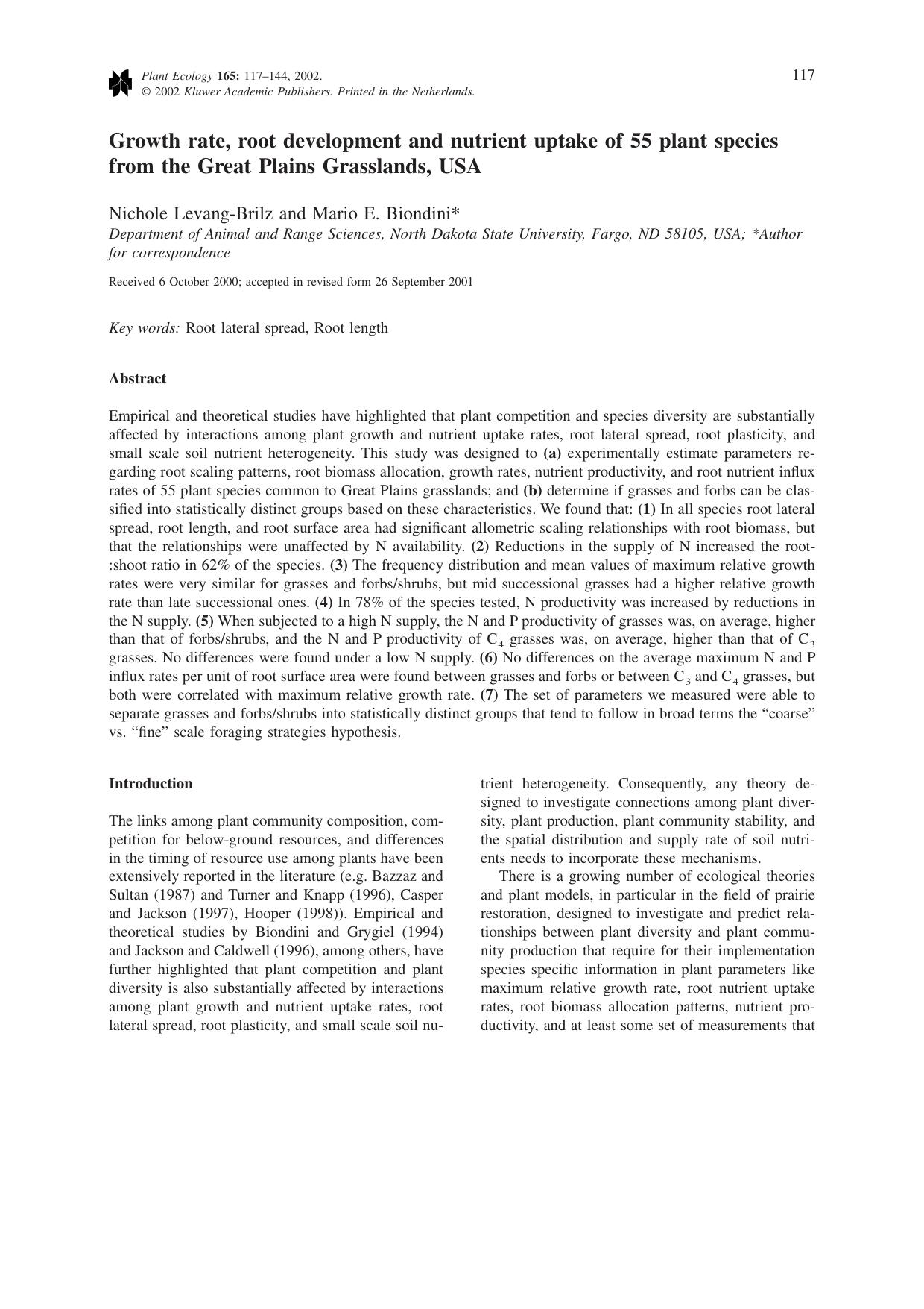 Growth rate, root development and nutrient uptake of 55 plant species from the Great Plains Grasslands, USA by Unknown