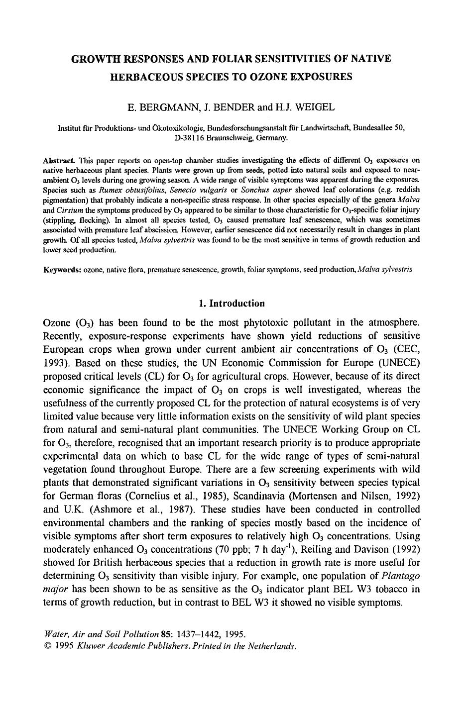 Growth responses and foliar sensitivities of native herbaceous species to ozone exposures by Unknown