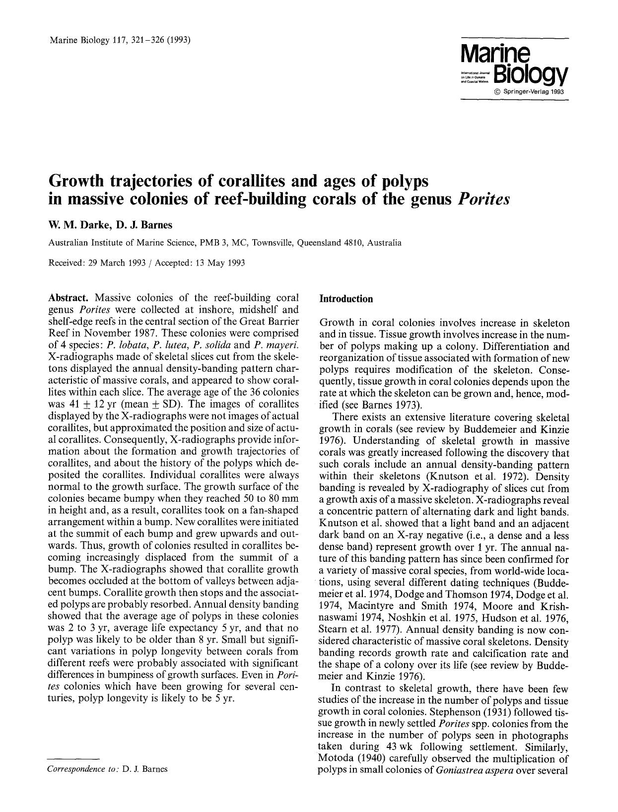 Growth trajectories of corallites and ages of polyps in massive colonies of reef-building corals of the genus <Emphasis Type="Italic">Porites<Emphasis> by Unknown