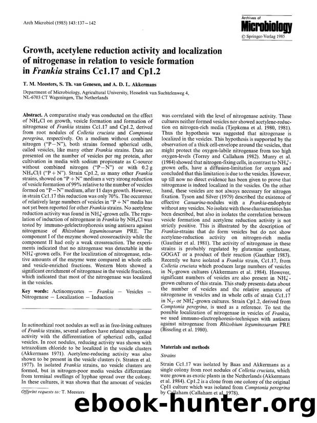 Growth, acetylene reduction activity and localization of nitrogenase in relation to vesicle formation in <Emphasis Type="Italic">Frankia<Emphasis> strains Cc1.17 and Cp1.2 by Unknown