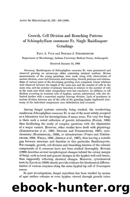 Growth, cell division and branching patterns of <Emphasis Type="Italic">Schizophyllum commune<Emphasis> Fr. single basidiospore germlings by Unknown