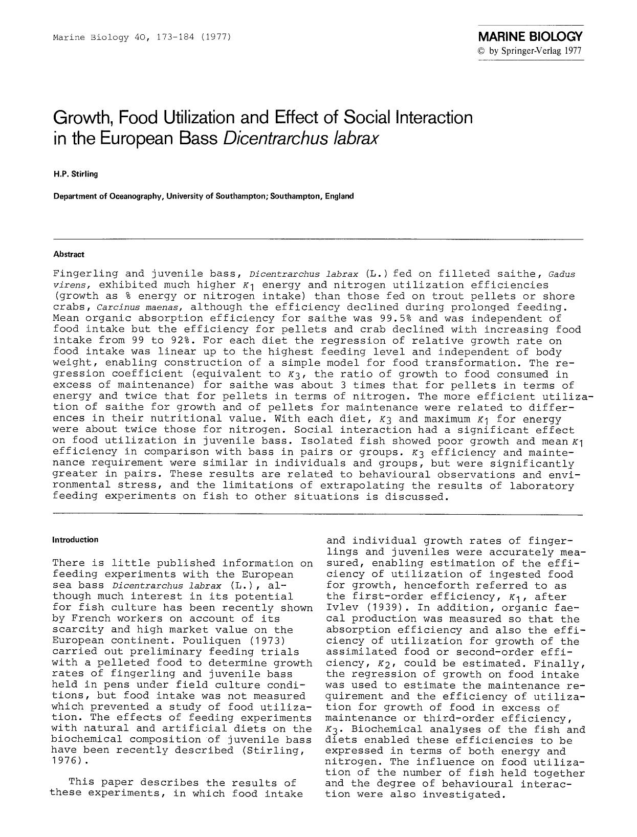 Growth, food utilization and effect of social interaction in the European bass <Emphasis Type="Italic">Dicentrarchus labrax<Emphasis> by Unknown