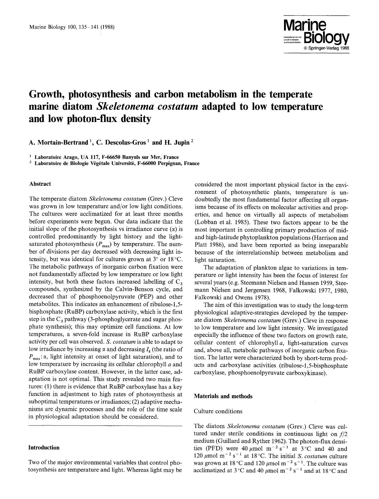 Growth, photosynthesis and carbon metabolism in the temperate marine diatom <Emphasis Type="Italic">Skeletonema costatum<Emphasis> adapted to low temperature and low photon-flux density by Unknown