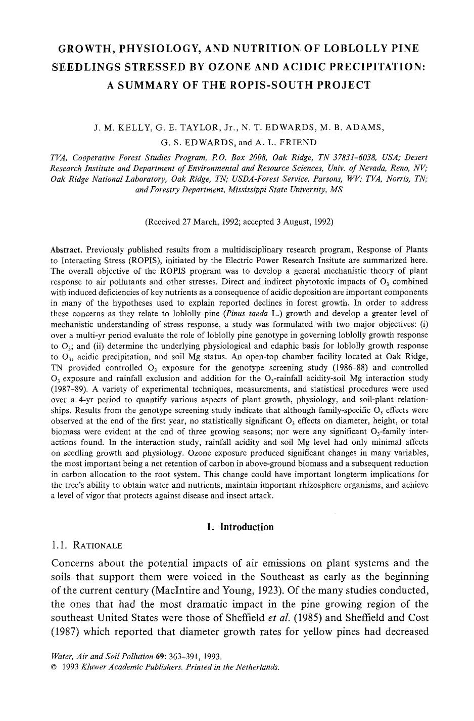 Growth, physiology, and nutrition of loblolly pine seedlings stressed by ozone and acidic precipitation: A summary of the ropis-south project by Unknown