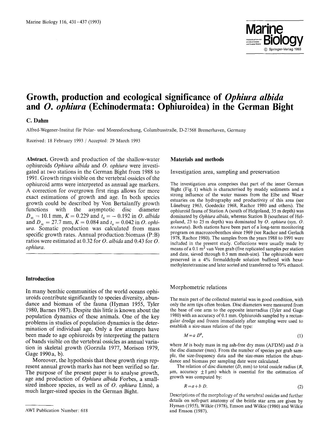 Growth, production and ecological significance of <Emphasis Type="Italic">Ophiura albida<Emphasis> and <Emphasis Type="Italic">O. ophiura<Emphasis> (Echinodermata: Ophiuroidea) in the German Bight by Unknown