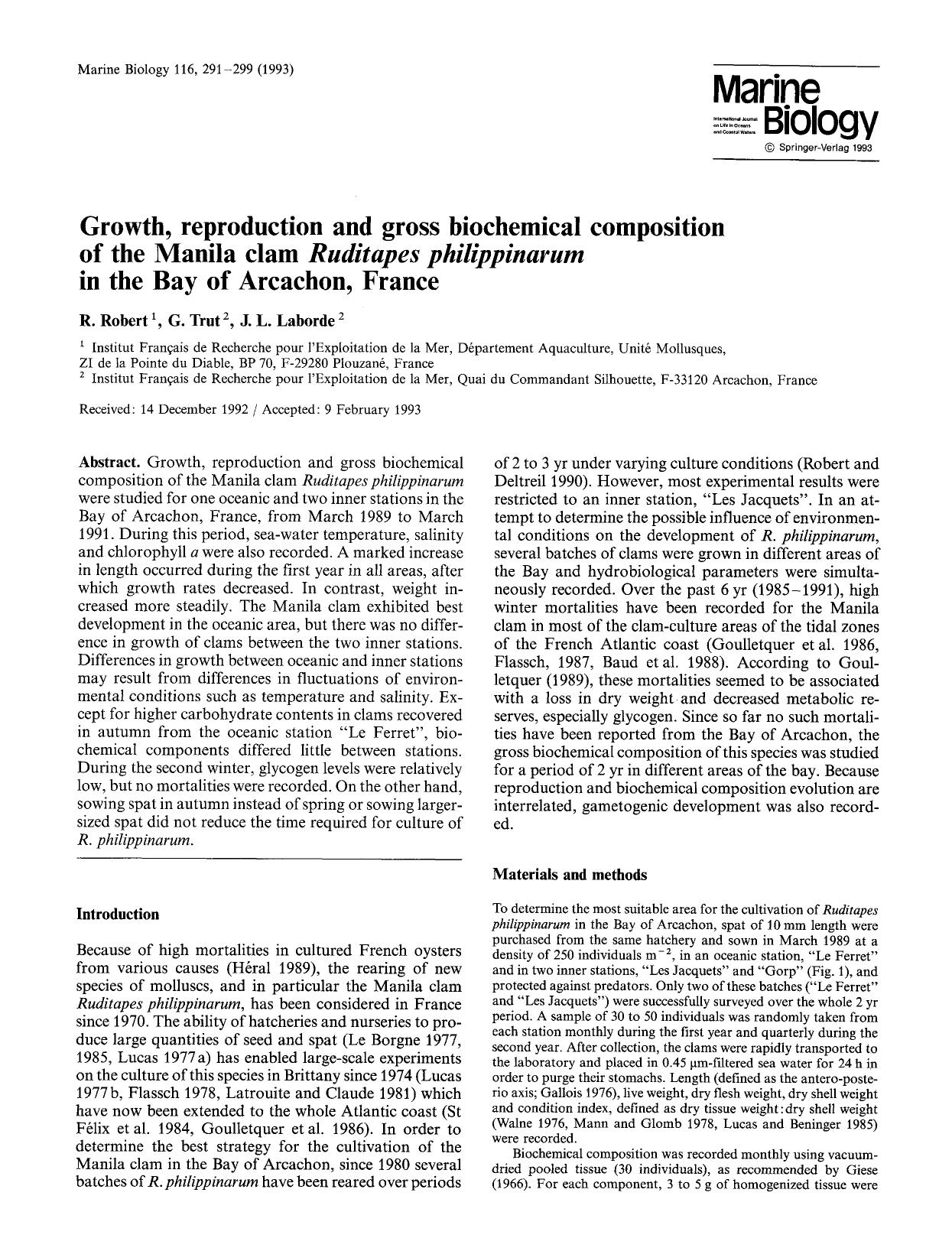 Growth, reproduction and gross biochemical composition of the Manila clam <Emphasis Type="Italic">Ruditapes philippinarum<Emphasis> in the Bay of Arcachon, France by Unknown
