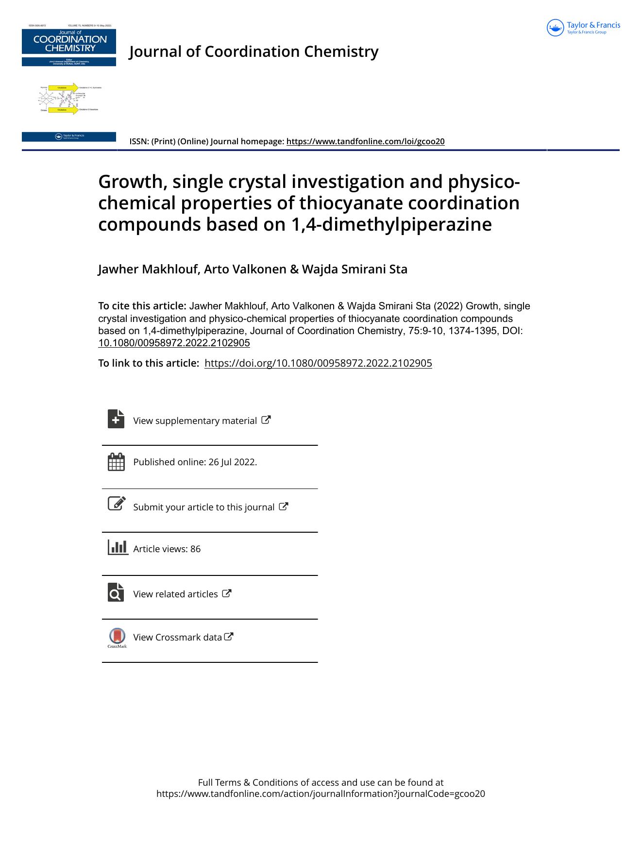 Growth, single crystal investigation and physico-chemical properties of thiocyanate coordination compounds based on 1,4-dimethylpiperazine by Makhlouf Jawher & Valkonen Arto & Smirani Sta Wajda