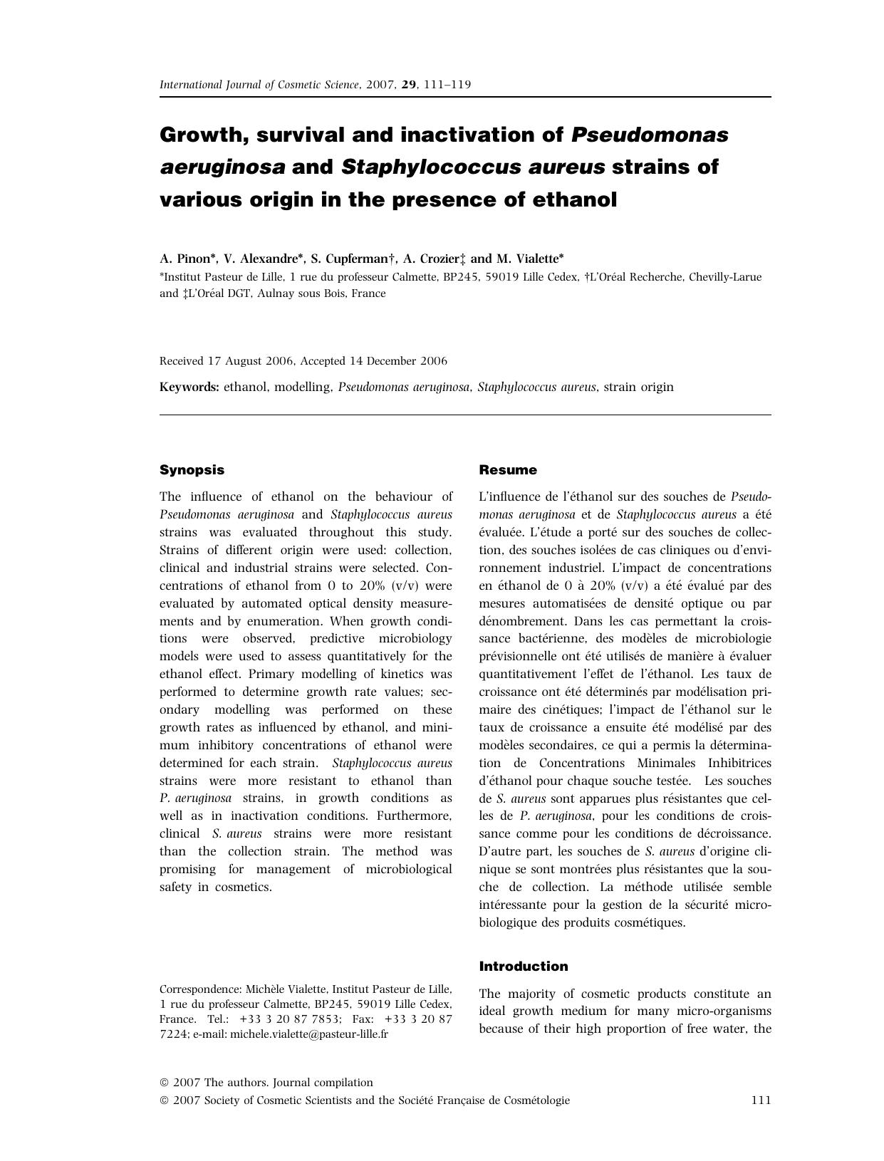 Growth, survival and inactivation of Pseudomonas aeruginosa and Staphylococcus aureus strains of various origin in the presence of ethanol by Unknown