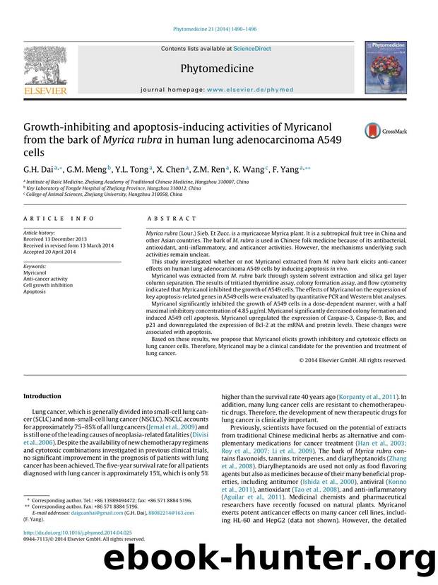 Growth-inhibiting and apoptosis-inducing activities of Myricanol from the bark of Myrica rubra in human lung adenocarcinoma A549 cells by G.H. Dai & G.M. Meng & Y.L. Tong & X. Chen & Z.M. Ren & K. Wang & F. Yang