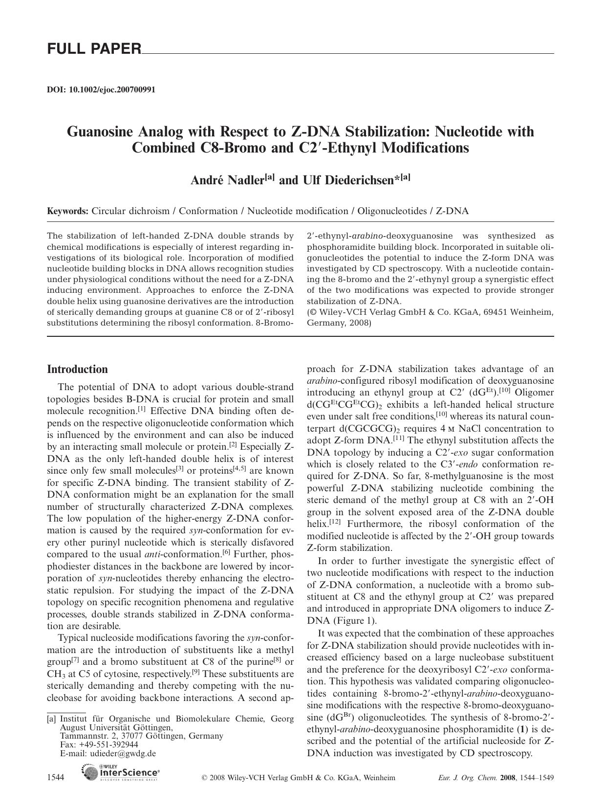 Guanosine Analog with Respect to Z-DNA Stabilization: Nucleotide with Combined C8-Bromo and C2[prime]-Ethynyl Modifications by Unknown