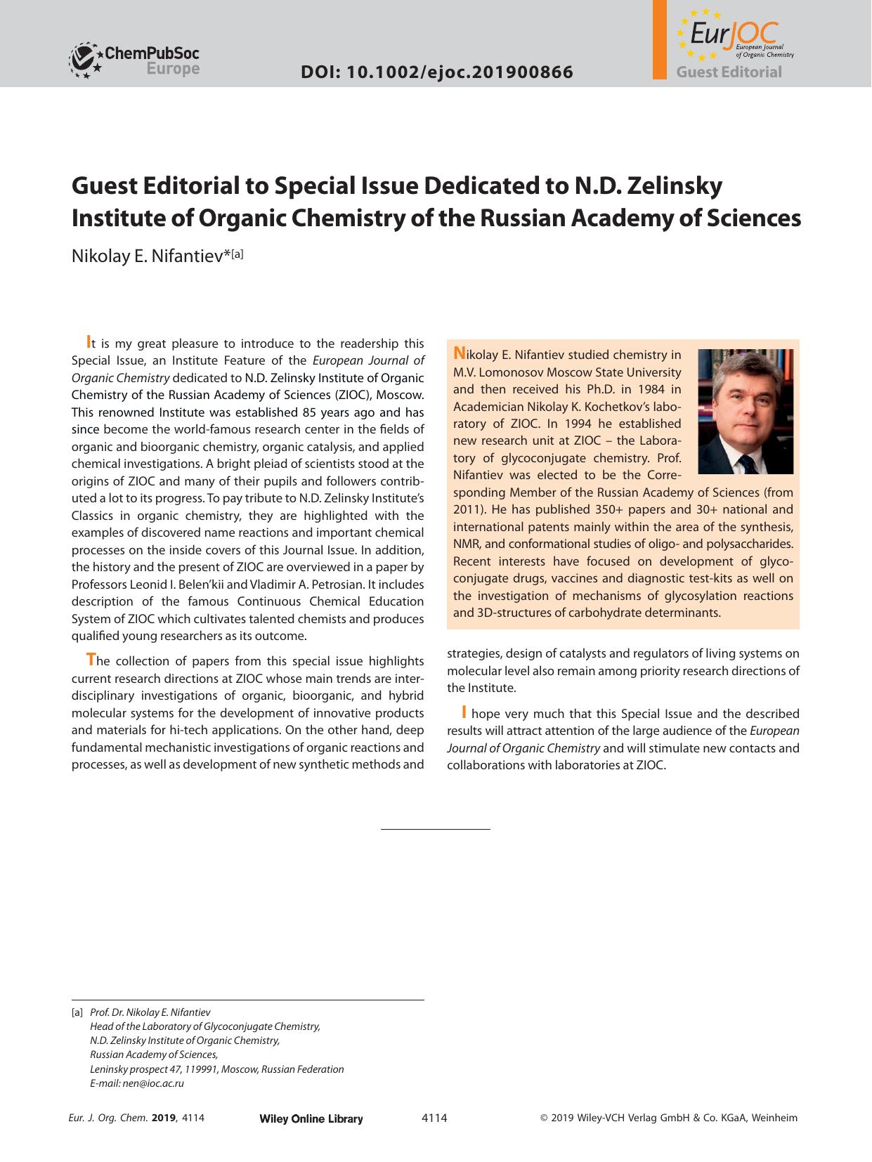 Guest Editorial to Special Issue Dedicated to N.D. Zelinsky Institute of Organic Chemistry of the Russian Academy of Sciences by Unknown