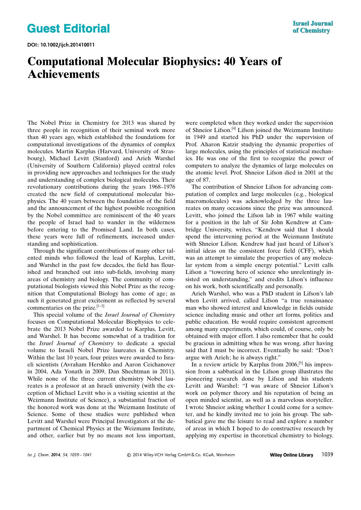 Guest Editorial: Computational Molecular Biophysics: 40 Years of Achievements by Unknown