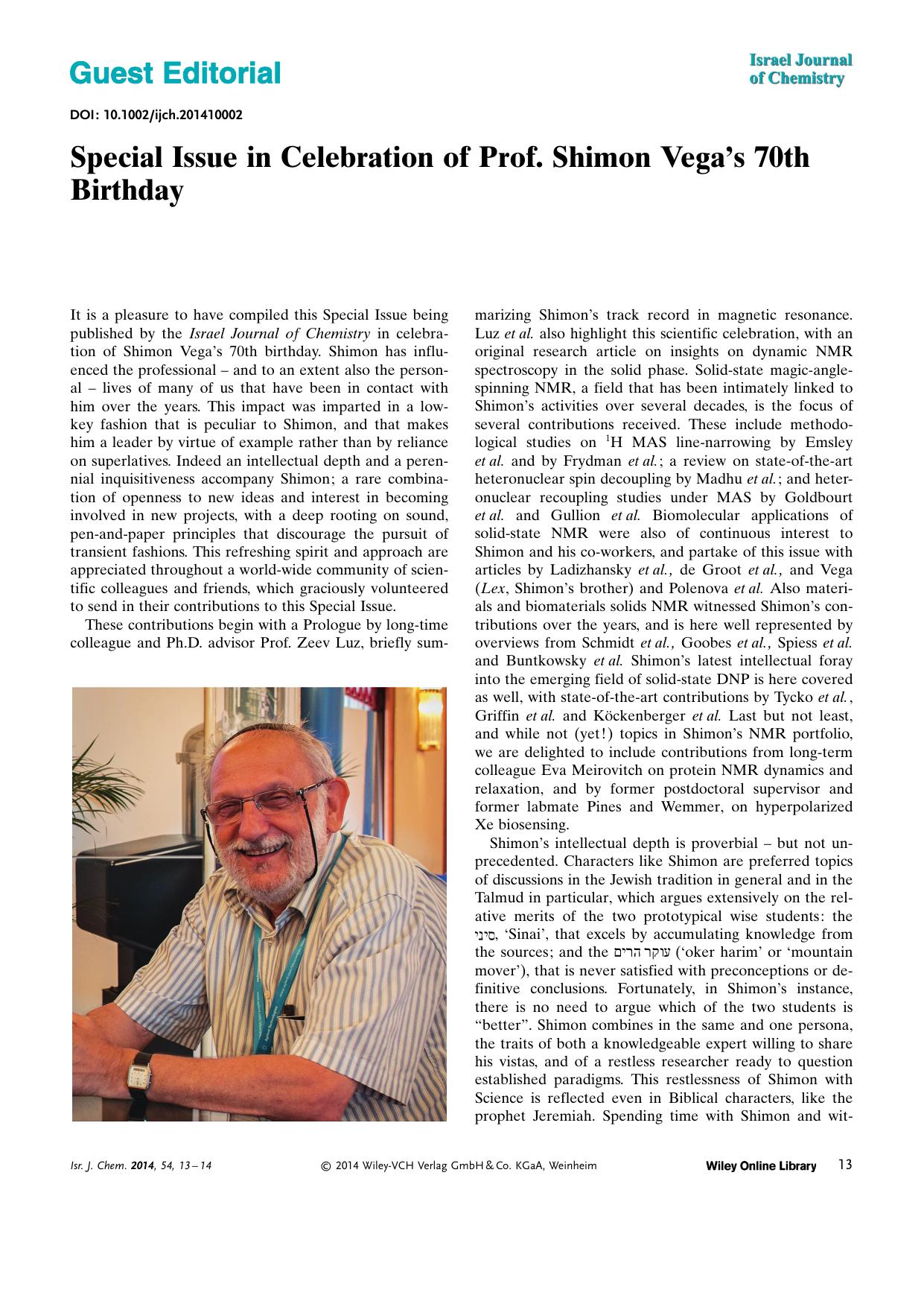 Guest Editorial: Special Issue in Celebration of Prof. Shimon Vegas 70th Birthday by Unknown