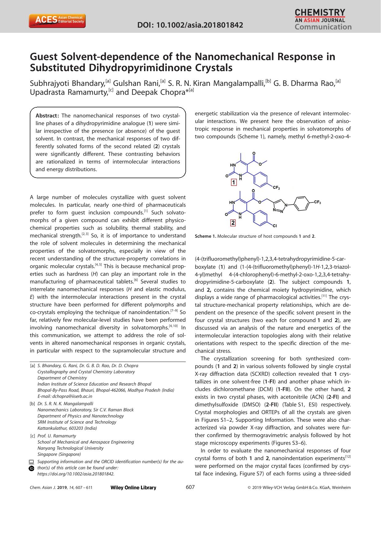 Guest Solventâdependence of the Nanomechanical Response in Substituted Dihydropyrimidinone Crystals by Unknown